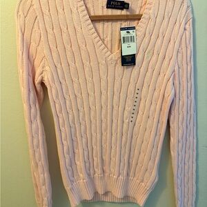 Ralph Lauren Light Pink V-Neck Cable Sweater NWT